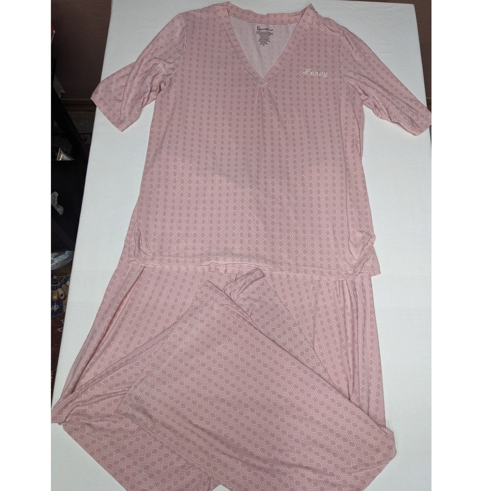 PajamaGram Pink Floral Honey Embroidered Pajama Set V-Neck Short Sleeve LG